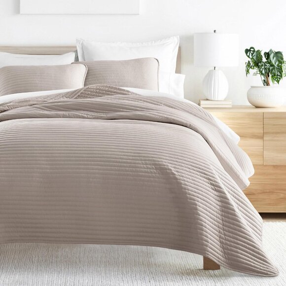 NWT iEnjoy Home Season 3-Piece Stripe Stitch Quilt Set Beige Brown Full / Queen - Picture 2 of 10